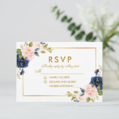 Bloemen Roze Blush Blauw Huwelijk RSVP Goud (Staand voorkant)