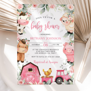 Bloemen Roze Boerderijdieren Baby shower Uitnodigi Kaart