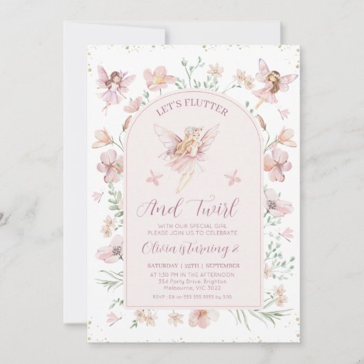 Bloemen Roze Boog Fairies Flutter Twirl Verjaardag Kaart (Voorkant)