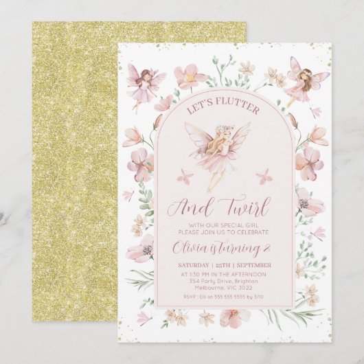 Bloemen Roze Boog Fairies Flutter Twirl Verjaardag Kaart (Voorkant / Achterkant)