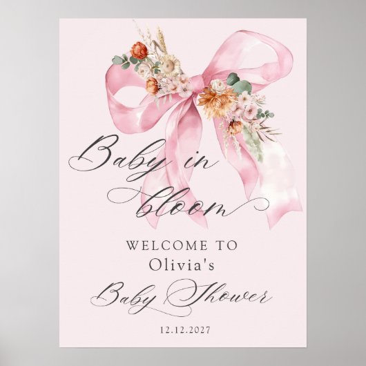 Bloemen Roze Bow Baby in Bloom Baby shower Welkom Poster (Voorkant)