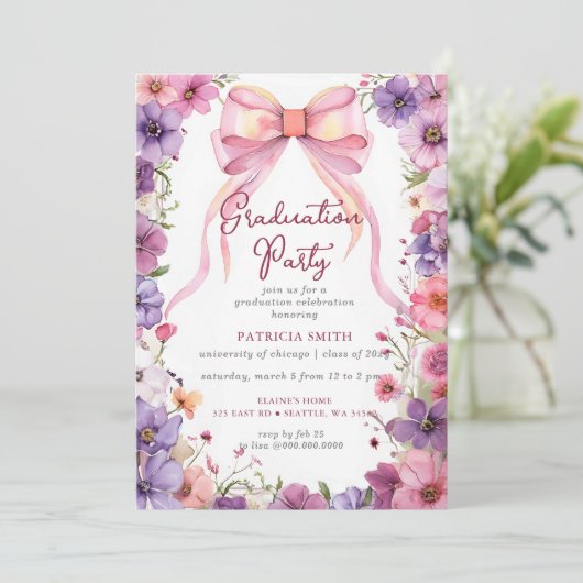 Bloemen Roze Bow Coquette Foto Graduation Party Kaart (Staand voorkant)