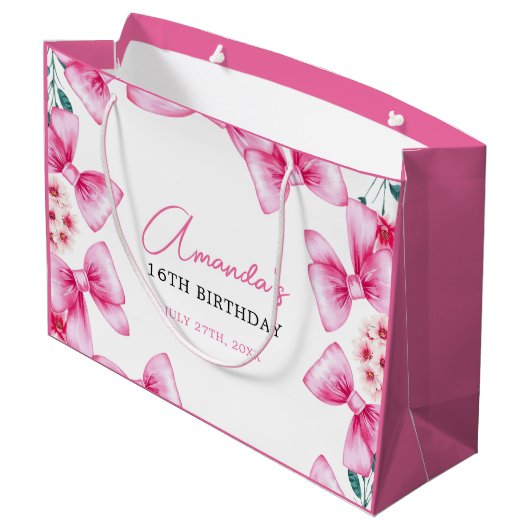 Bloemen Roze Bow Coquette Sweet 16 Verjaardag Groot Cadeauzakje (Achterkant Gekanteld)