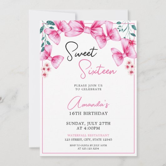 Bloemen Roze Bow Coquette Sweet 16 Verjaardag Kaart (Voorkant)