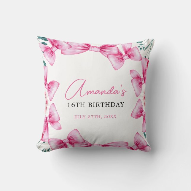 Bloemen Roze Bow Coquette Sweet 16 Verjaardag Kussen (Voorkant)