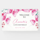 Bloemen Roze Bow Coquette Sweet 16 Verjaardag Spandoek (Horizontaal)