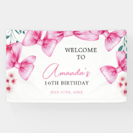 Bloemen Roze Bow Coquette Sweet 16 Verjaardag Spandoek