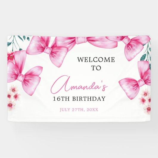 Bloemen Roze Bow Coquette Sweet 16 Verjaardag Spandoek (Horizontaal)