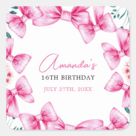 Bloemen Roze Bow Coquette Sweet 16 Verjaardag Vierkante Sticker