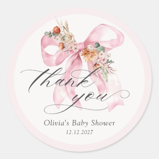 Bloemen Roze Bow Elegant Baby shower Dank u Ronde Sticker (Voorkant)