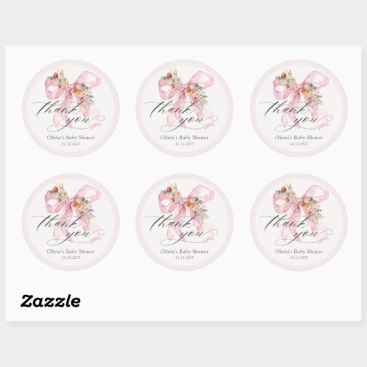 Bloemen Roze Bow Elegant Baby shower Dank u Ronde Sticker (Vel)