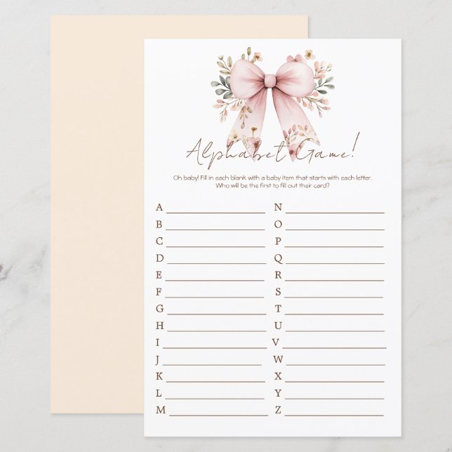 Bloemen Roze Bow Meisje Baby shower Alfabet (Voorkant / Achterkant)