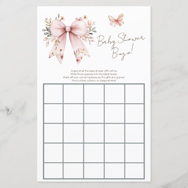 Bloemen Roze Bow Meisje Baby shower Bingo (Voorkant)