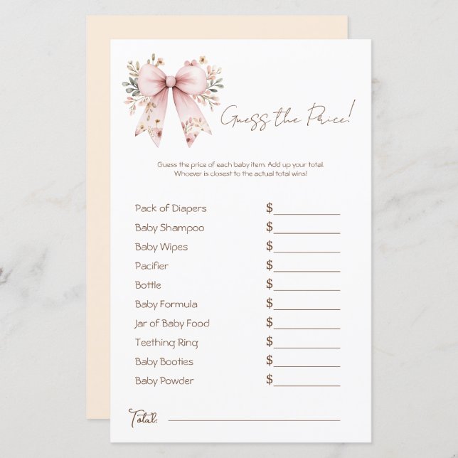 Bloemen Roze Bow Meisje Baby shower Prijs Guess (Voorkant / Achterkant)