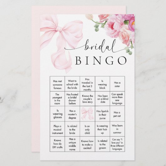 Bloemen Roze Bow Vrijgezellenfeest Bingo Spel Briefpapier (Voorkant / Achterkant)