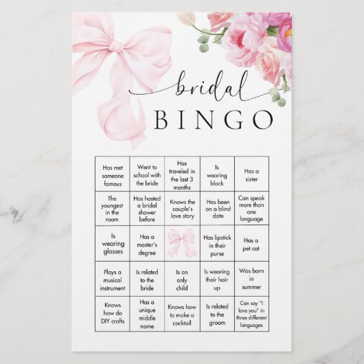 Bloemen Roze Bow Vrijgezellenfeest Bingo Spel Briefpapier (Voorkant)