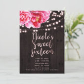 Bloemen Roze Bruin Rustiek Hout & Lichten Sweet 16 Kaart (Staand voorkant)
