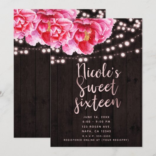 Bloemen Roze Bruin Rustiek Hout & Lichten Sweet 16 Kaart (Voorkant / Achterkant)