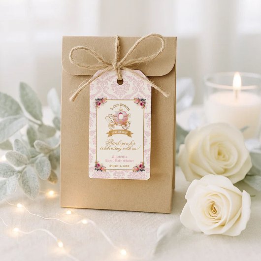 Bloemen Roze Carriage Princess Baby shower Favor Cadeaulabel