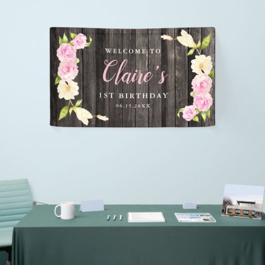 Bloemen Roze Cream Meisjes Verjaardagsfeest Spandoek (Beurs)