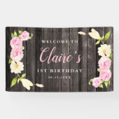 Bloemen Roze Cream Meisjes Verjaardagsfeest Spandoek (Horizontaal)