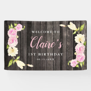 Bloemen Roze Cream Meisjes Verjaardagsfeest Spandoek