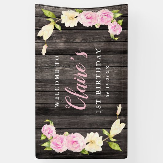 Bloemen Roze Cream Meisjes Verjaardagsfeest Spandoek (Verticaal)