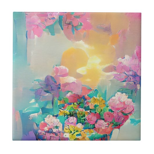 Bloemen roze en gele digitale kunst tegeltje (Voorkant)