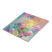 Bloemen roze en gele digitale kunst tegeltje (Zijkant)