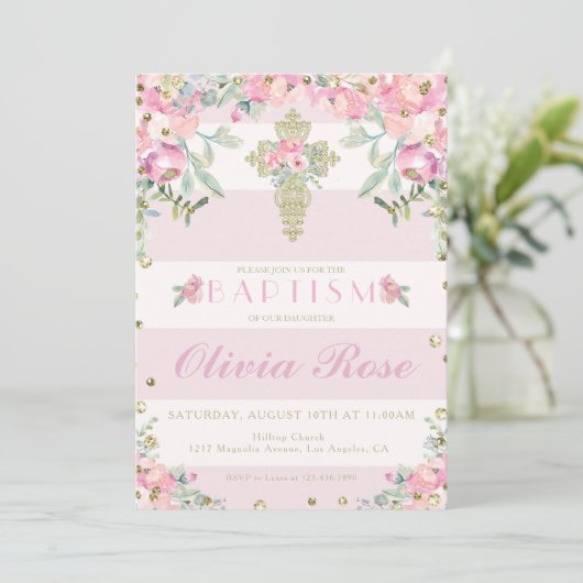 Bloemen roze en goud doop uitnodiging voor een mei (Staand voorkant)