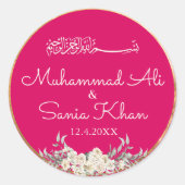 Bloemen Roze en Goud Islamitische Moslim Bruiloft Ronde Sticker (Voorkant)