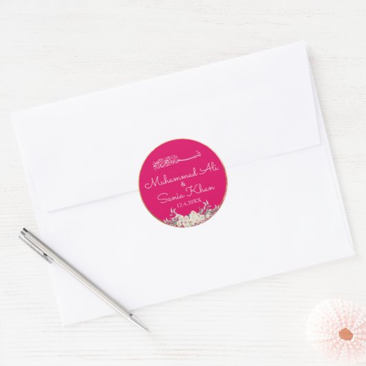 Bloemen Roze en Goud Islamitische Moslim Bruiloft Ronde Sticker (Envelop)