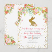 Bloemen Roze en Gouden Bunny Verjaardag Bloemen Kaart (Voorkant / Achterkant)