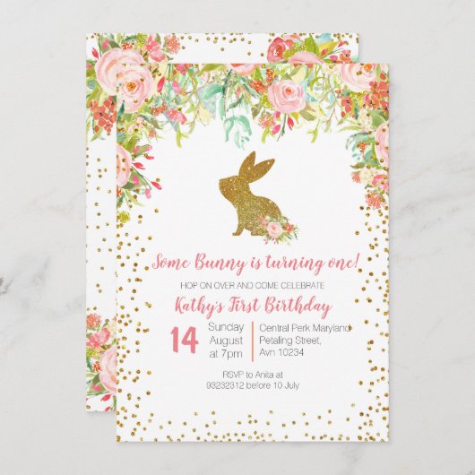 Bloemen Roze en Gouden Bunny Verjaardag Bloemen Kaart (Voorkant / Achterkant)