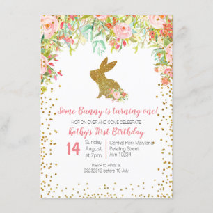 Bloemen Roze en Gouden Bunny Verjaardag Bloemen Kaart