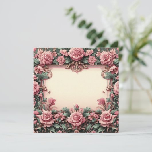 Bloemen Roze en Groene Blank Kaart Sjabloon (Staand voorkant)