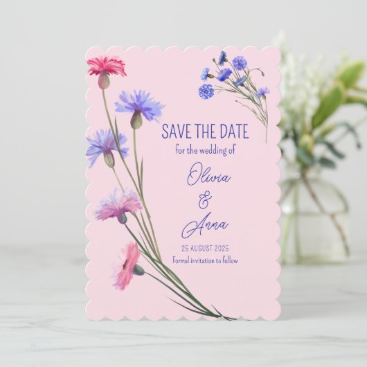  bloemen roze en Paars Save The Date (Staand voorkant)