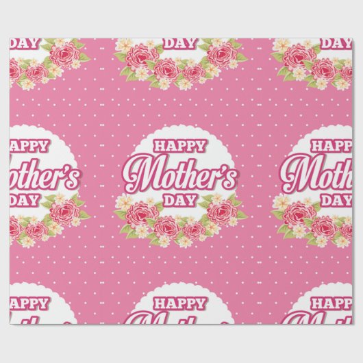 Bloemen Roze en White Polka Dot Happy Mothers Day Cadeaupapier (Vlak)