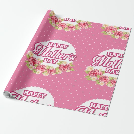 Bloemen Roze en White Polka Dot Happy Mothers Day Cadeaupapier (Uitgerold)