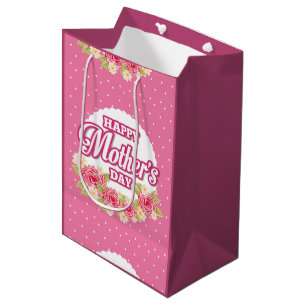 Bloemen Roze en White Polka Dot Happy Mothers Day Medium Cadeauzakje
