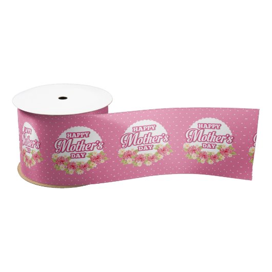Bloemen Roze en White Polka Dot Happy Mothers Day Satijnen Lint (Spoel)