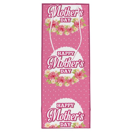 Bloemen Roze en White Polka Dot Happy Mothers Day Wijn Cadeautas (Achterkant)