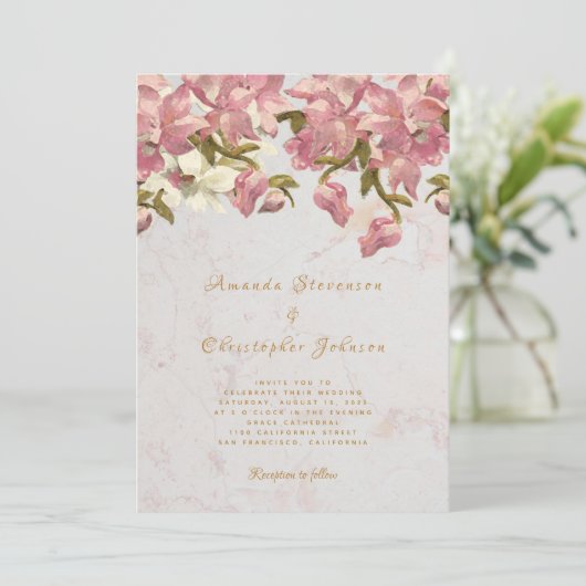 Bloemen Roze en Wit Orchidee Marmeren Script Bruil Kaart (Staand voorkant)