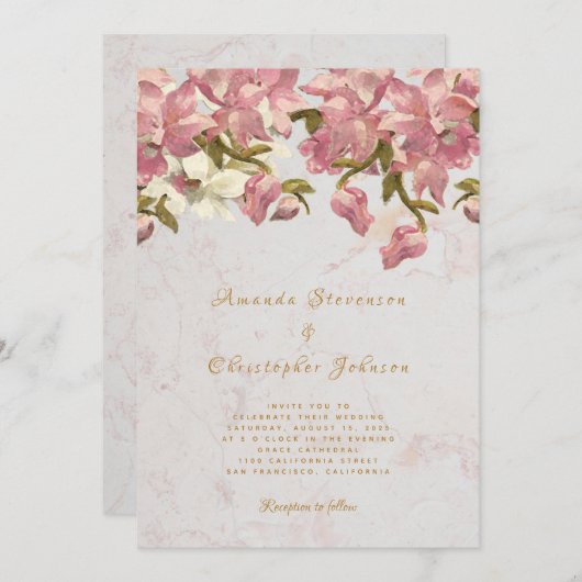 Bloemen Roze en Wit Orchidee Marmeren Script Bruil Kaart (Voorkant / Achterkant)