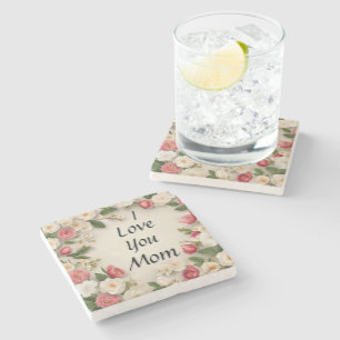 Bloemen roze en witte bloemen "Ik hou van je mama" Stenen Onderzetter