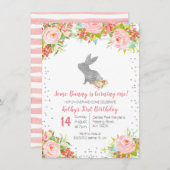 Bloemen Roze en Zilveren Bunny Verjaardag Bloemen Kaart (Voorkant / Achterkant)