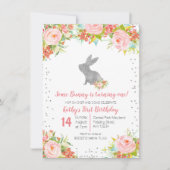 Bloemen Roze en Zilveren Bunny Verjaardag Bloemen Kaart (Voorkant)