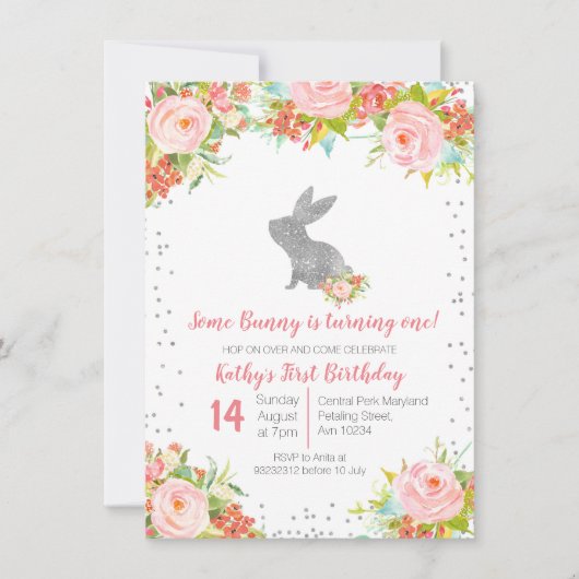 Bloemen Roze en Zilveren Bunny Verjaardag Bloemen Kaart (Voorkant)