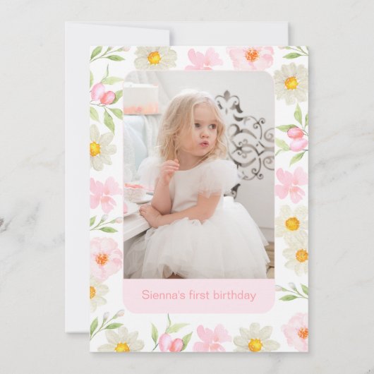 Bloemen Roze Foto Miss Onederful 1e verjaardag Kaart (Achterkant)