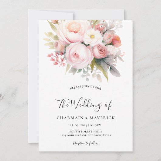 Bloemen Roze Foto Overlay QR Code Huwelijk Kaart (Voorkant)